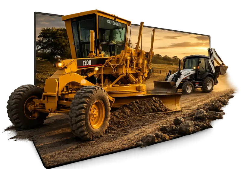 Motoniveladora Caterpillar 120H y retropala de Hidra Dock perfilando un camino rural