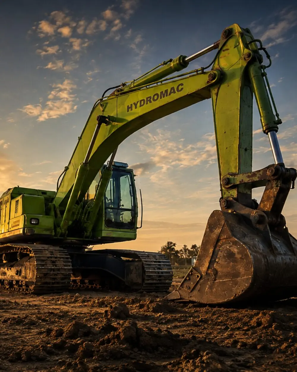 Excavadora Hydromac de Hidra Dock trabajando al atardecer en un terreno de Baradero