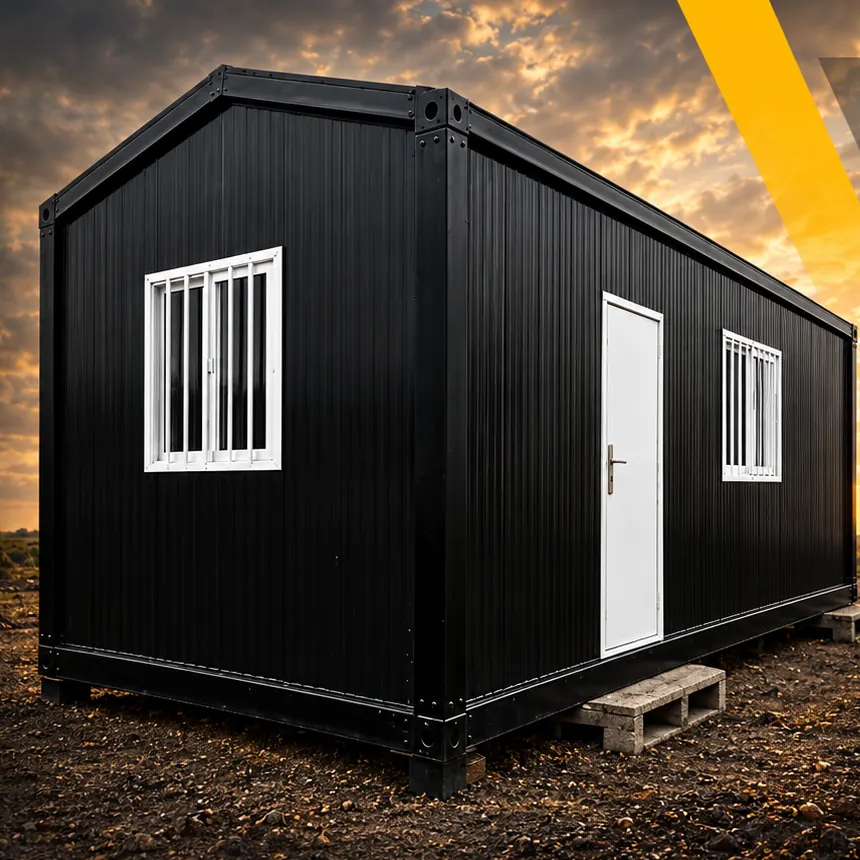 Módulo negro de 18 m² con techo a dos aguas, dos ventanas y puerta blanca