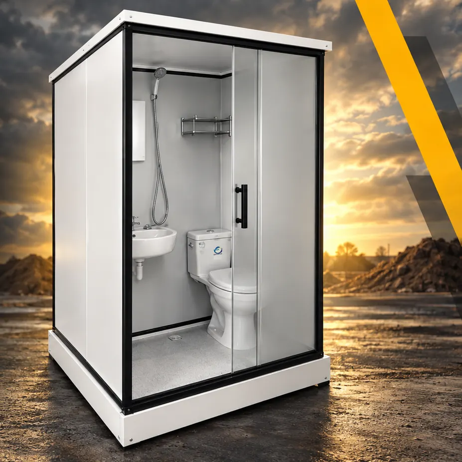Módulo de baño con ducha, inodoro, bacha y puerta corrediza de vidrio