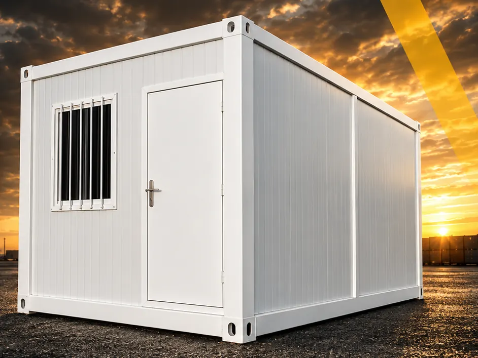 Módulo habitable blanco con puerta y ventana con reja